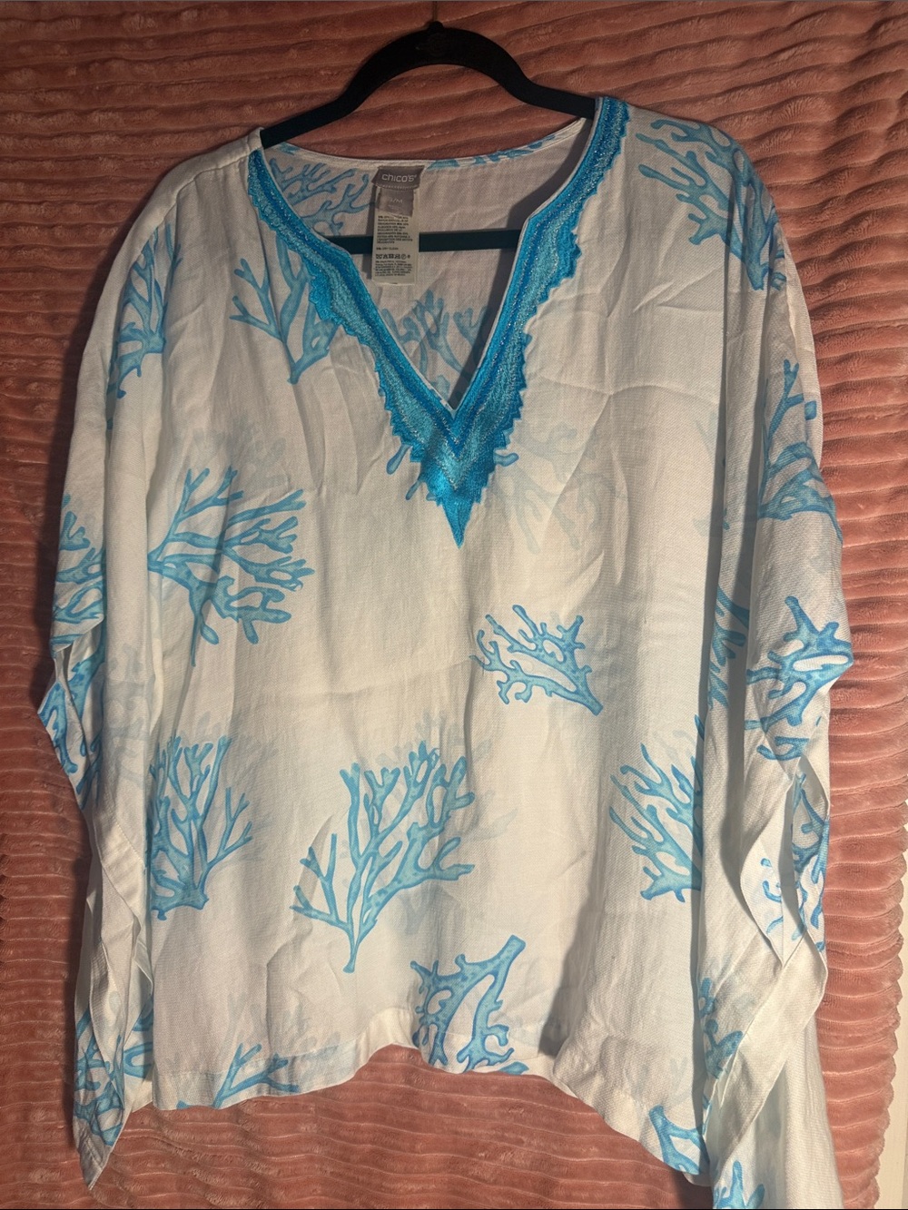 Chico's White Tunic with Aqua Blue Coral Print and Trim